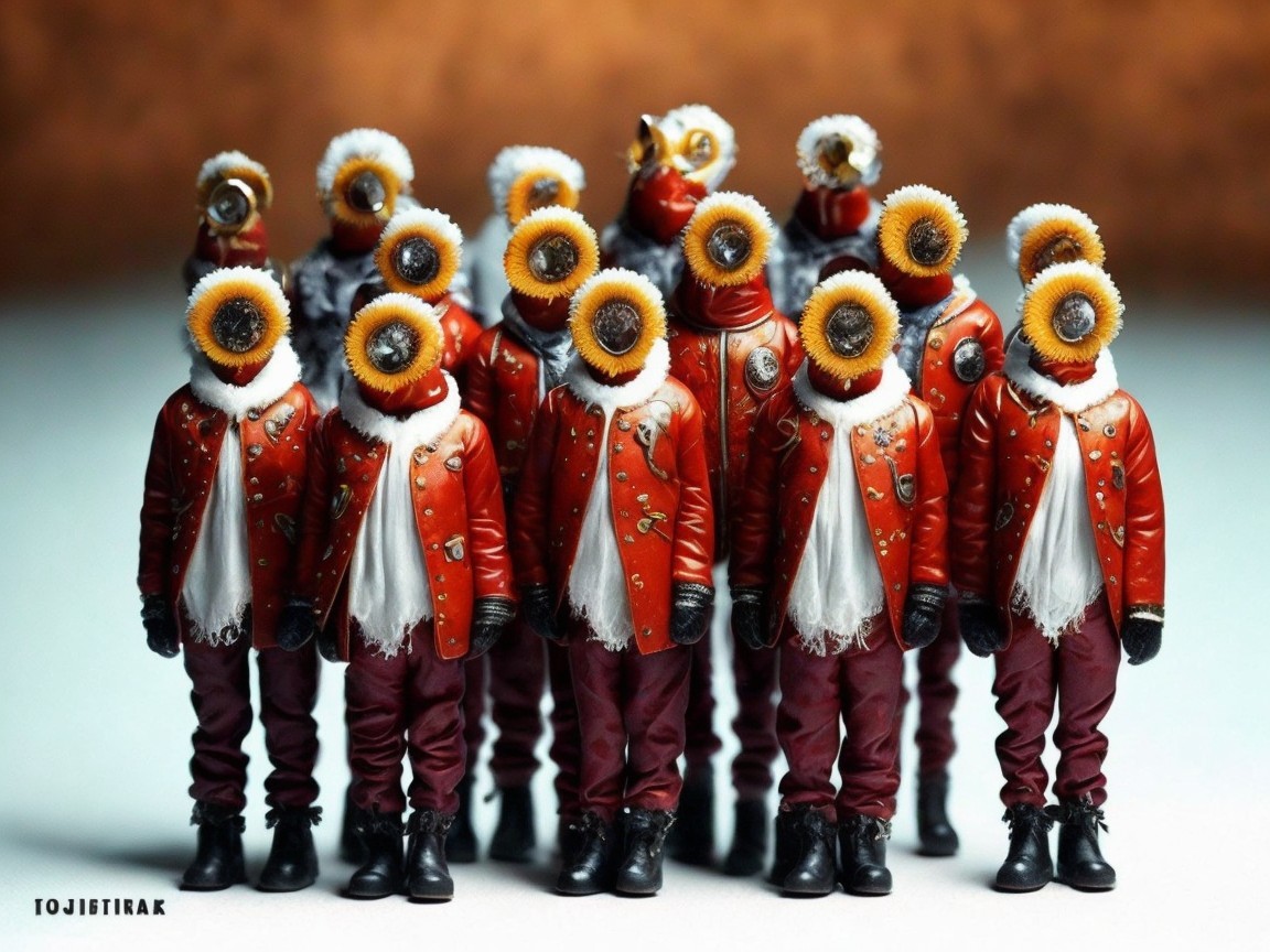 Whimsical Figurines in Red Jackets with Sunflower Heads