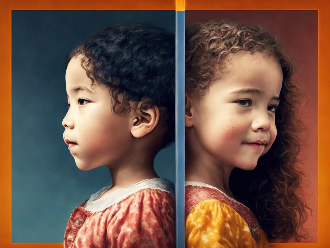 Split Portrait of Two Children with Distinct Styles