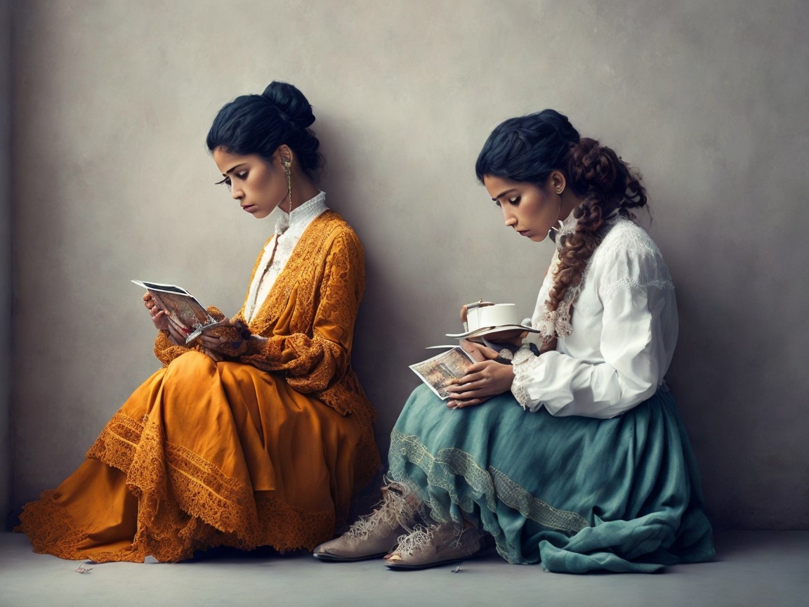 Women Reading in Vintage Attire with Cozy Ambiance
