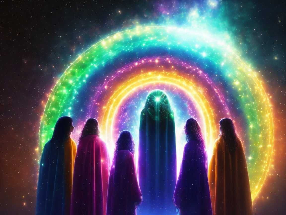 Cosmic Scene with Six Figures and Radiant Light