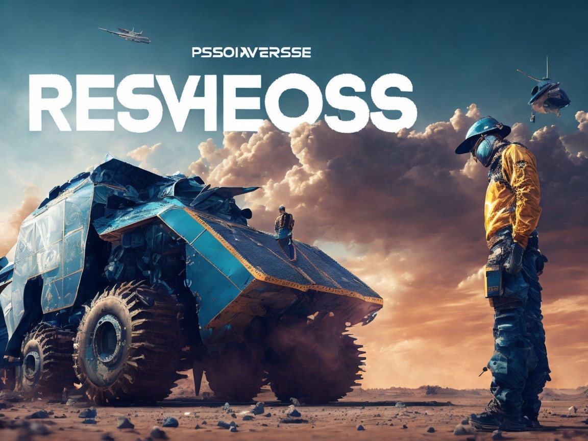 Futuristic Desert Landscape with Armored Vehicle and Suit