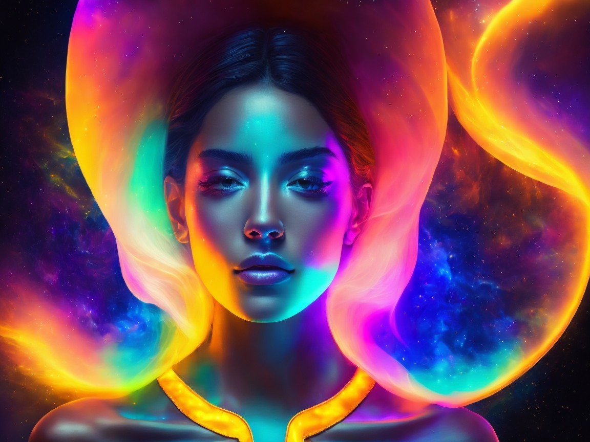 Portrait of a woman with cosmic nebula-inspired hair