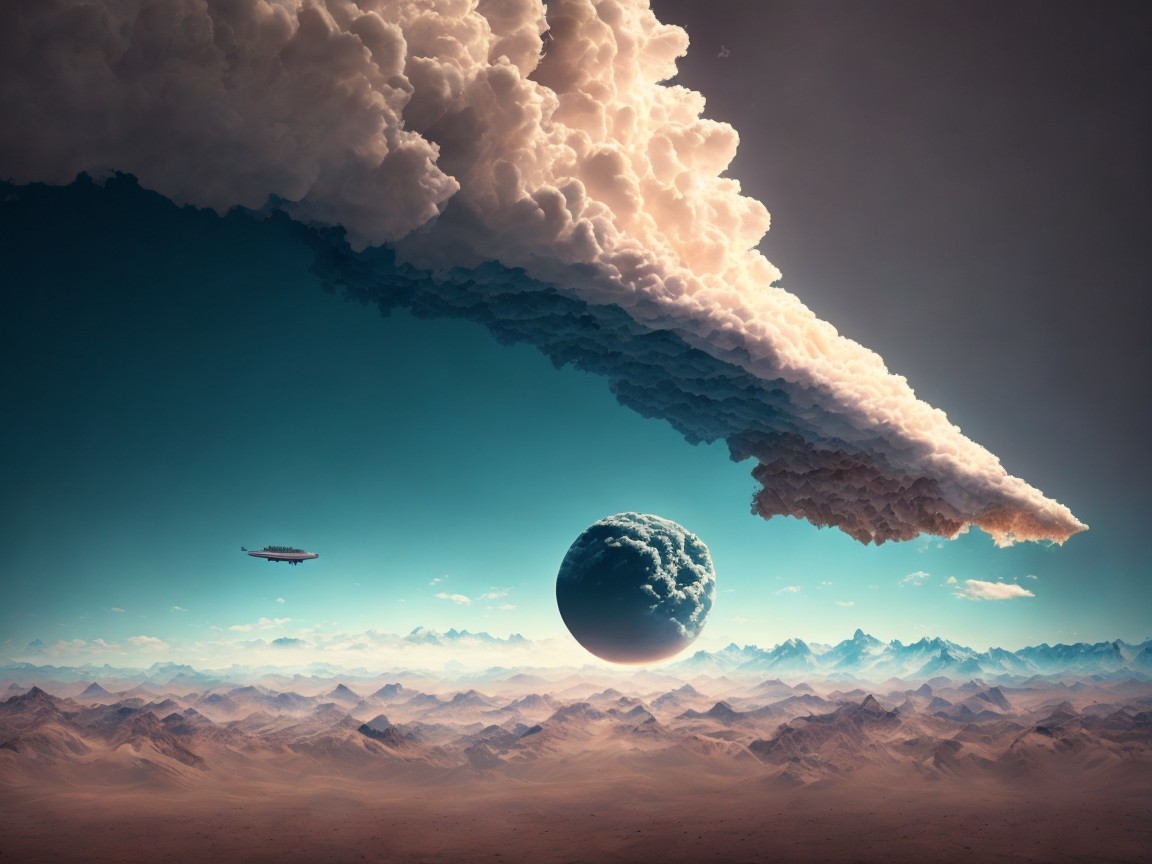 Surreal Desert Landscape with Airship and Planet