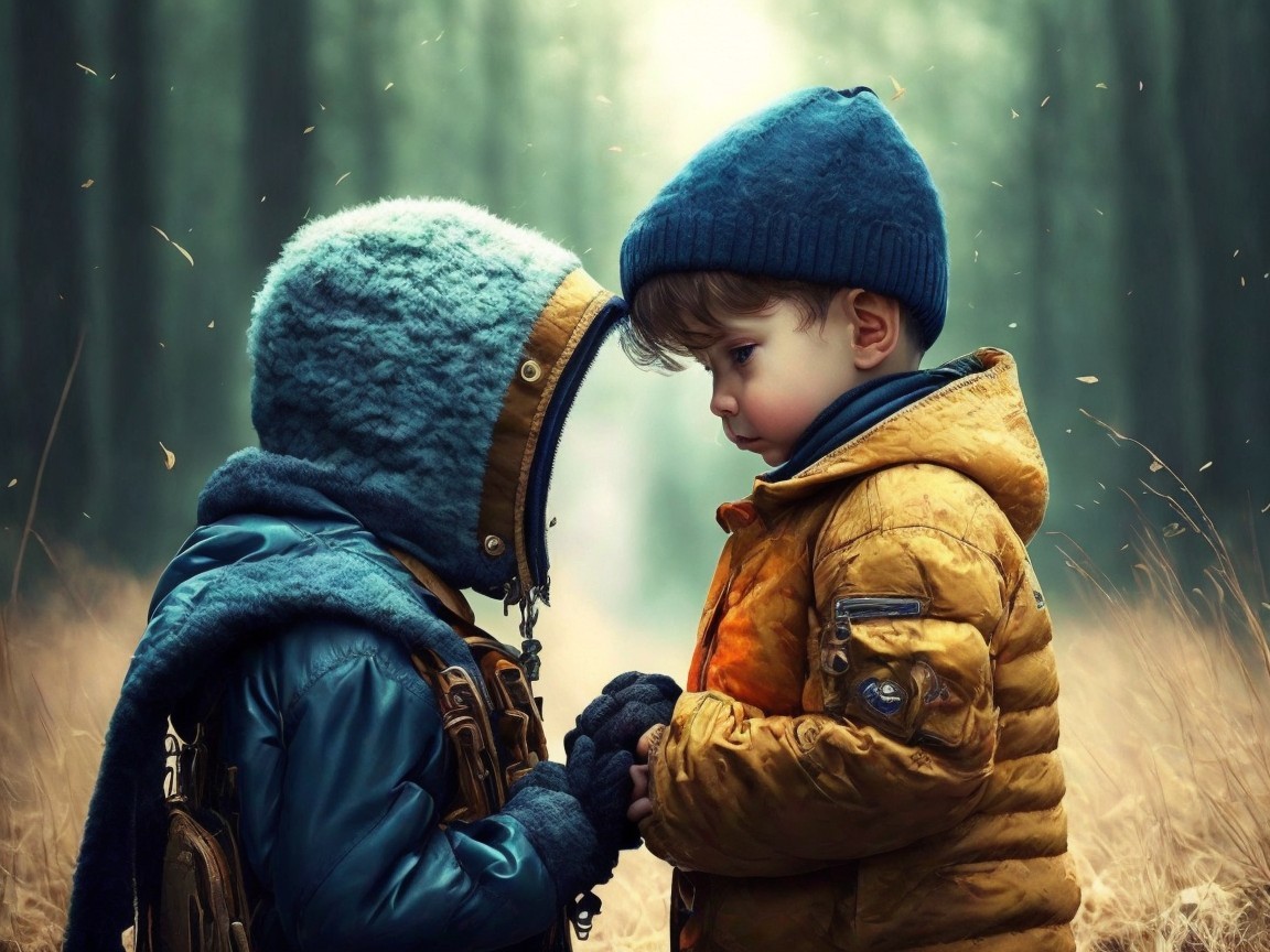 Children in Colorful Coats in a Misty Forest