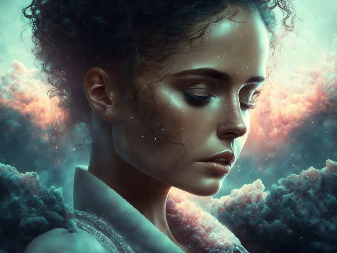 Portrait of a Young Woman Against Cosmic Backdrop