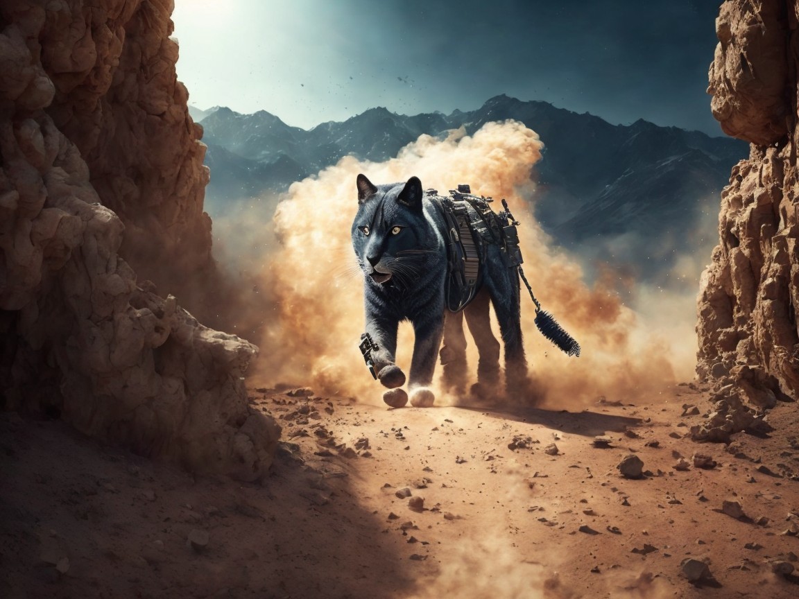 Armored Canine Charging Through Rugged Landscape