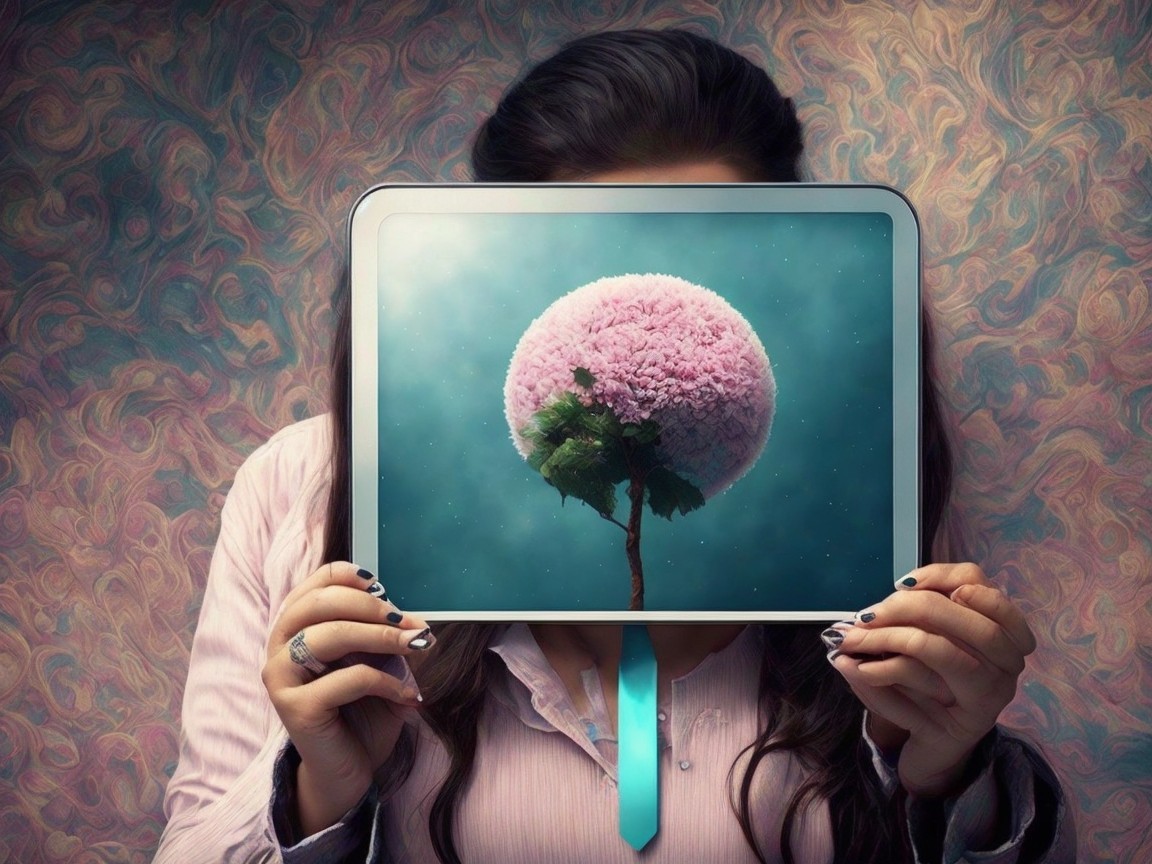Surreal Image of Pink Tree on Tablet with Dreamy Background
