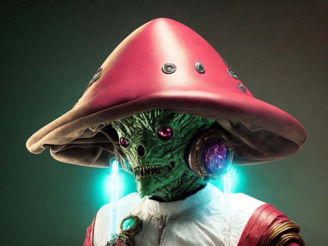 Alien Figure with Pink Mushroom Hat and Jewelry