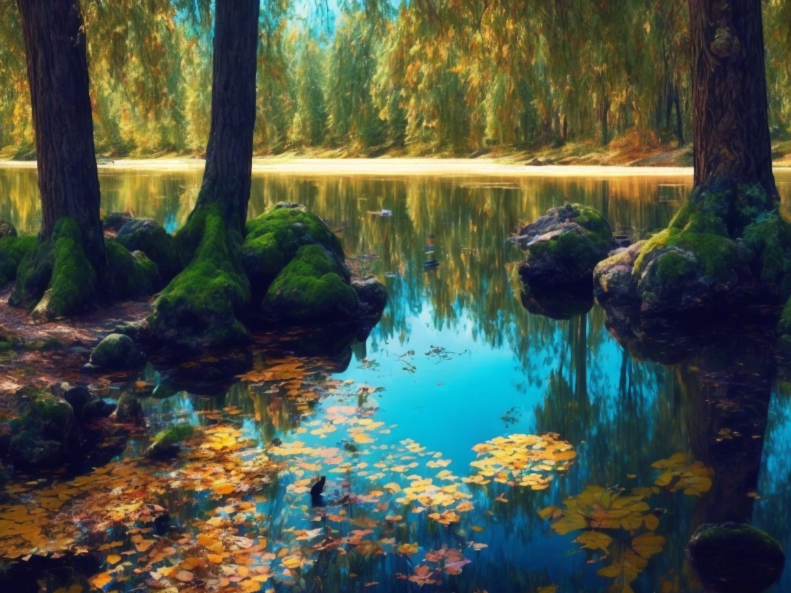 Serene lake with trees and autumn foliage reflection