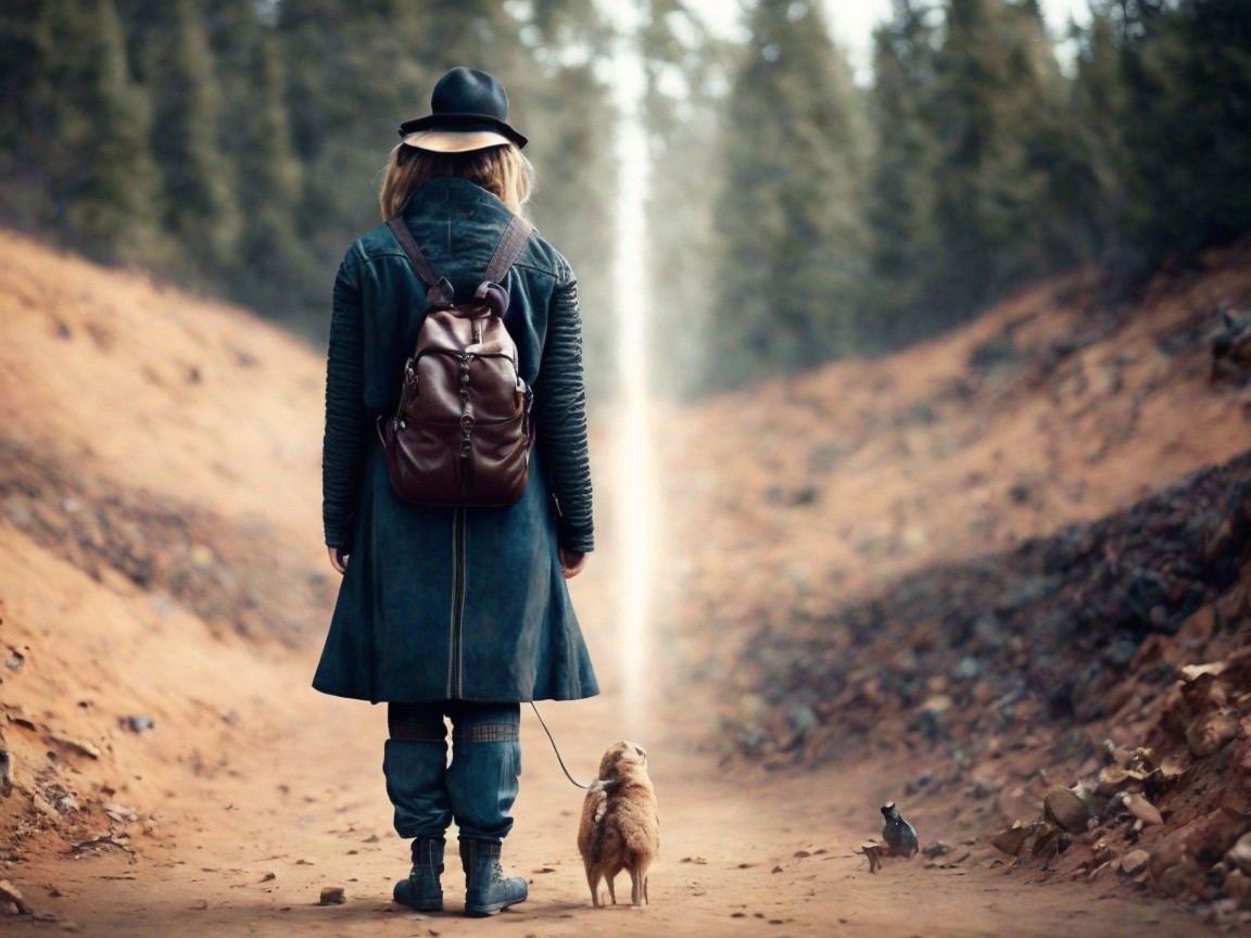 Person in a coat with dog and rabbit on a path