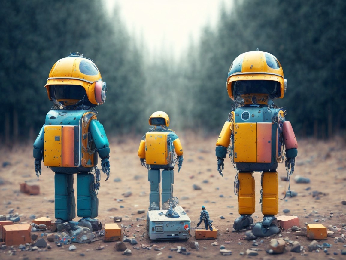 Colorful Retro-Futuristic Robots in Forest Clearing