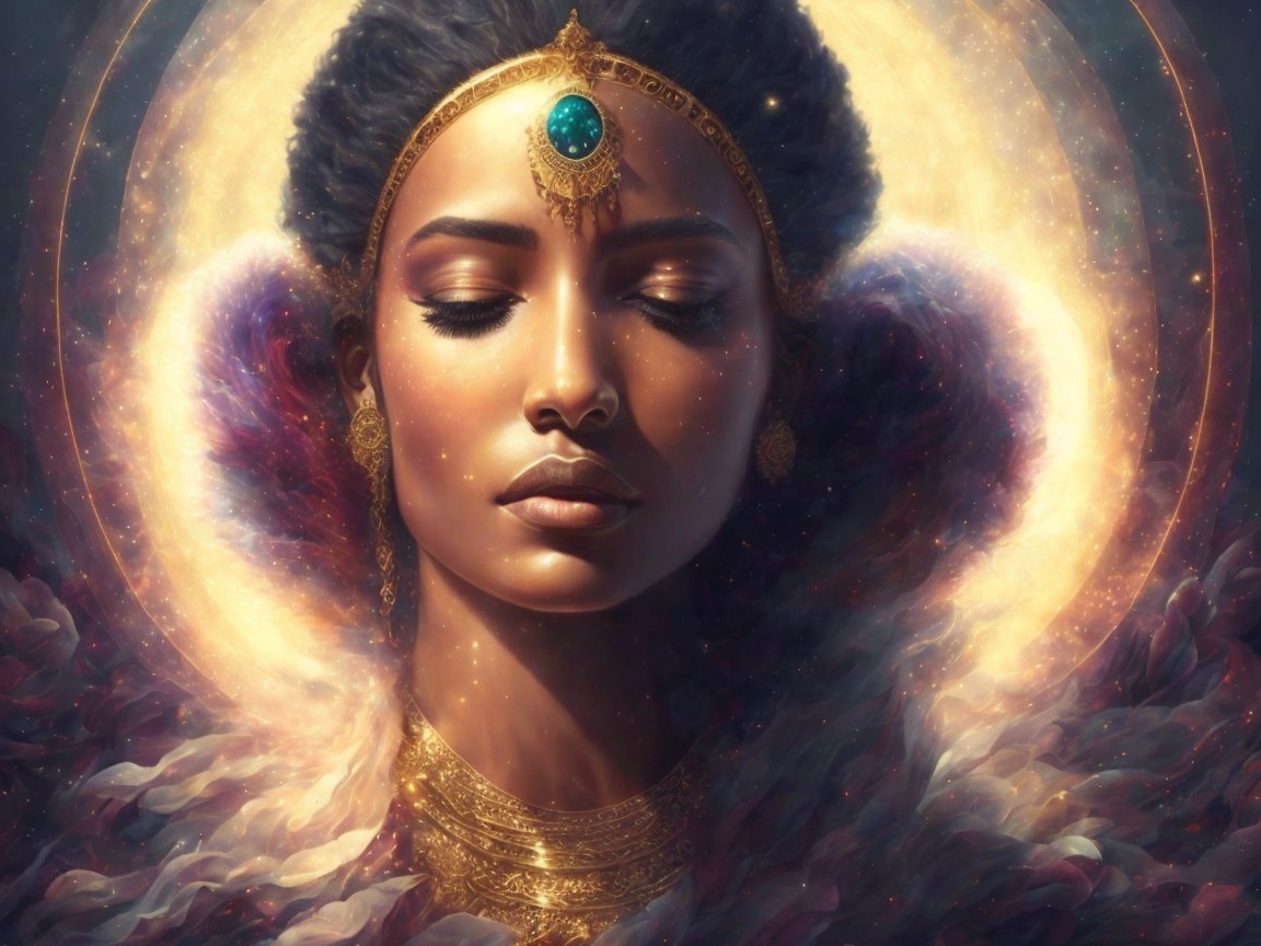Ethereal Woman with Gold Jewelry and Emerald Gemstone