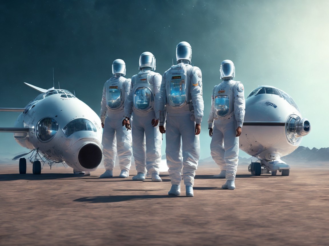 Astronauts in Space Suits in Barren Landscape Scene
