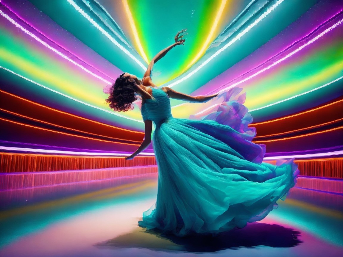 Dancer in Turquoise Gown Amid Neon Lights