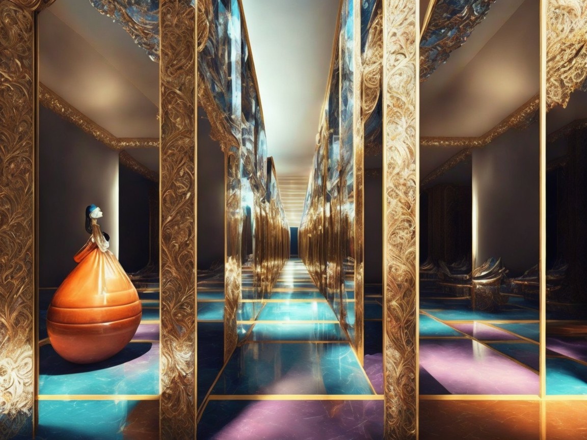 Luxurious corridor with golden details and modern sculpture