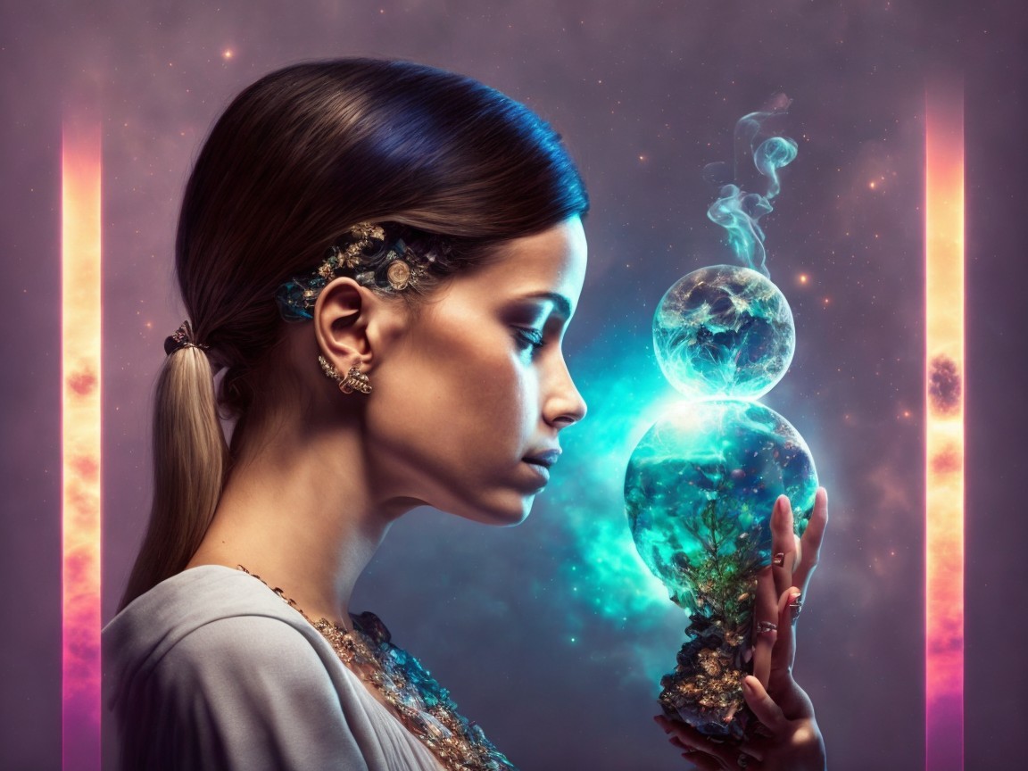 Serene Woman Contemplating Ethereal Earth Orb