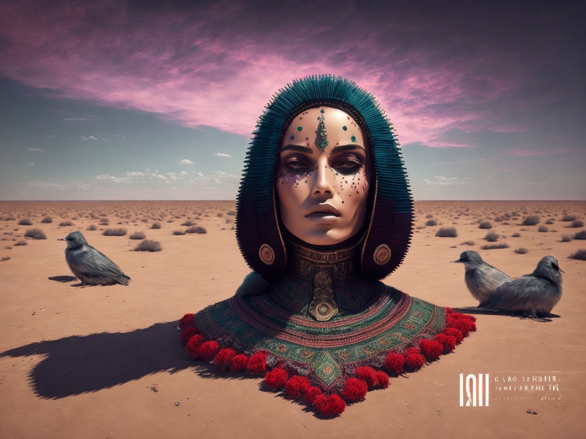 Stylized female bust with vibrant headdress in desert