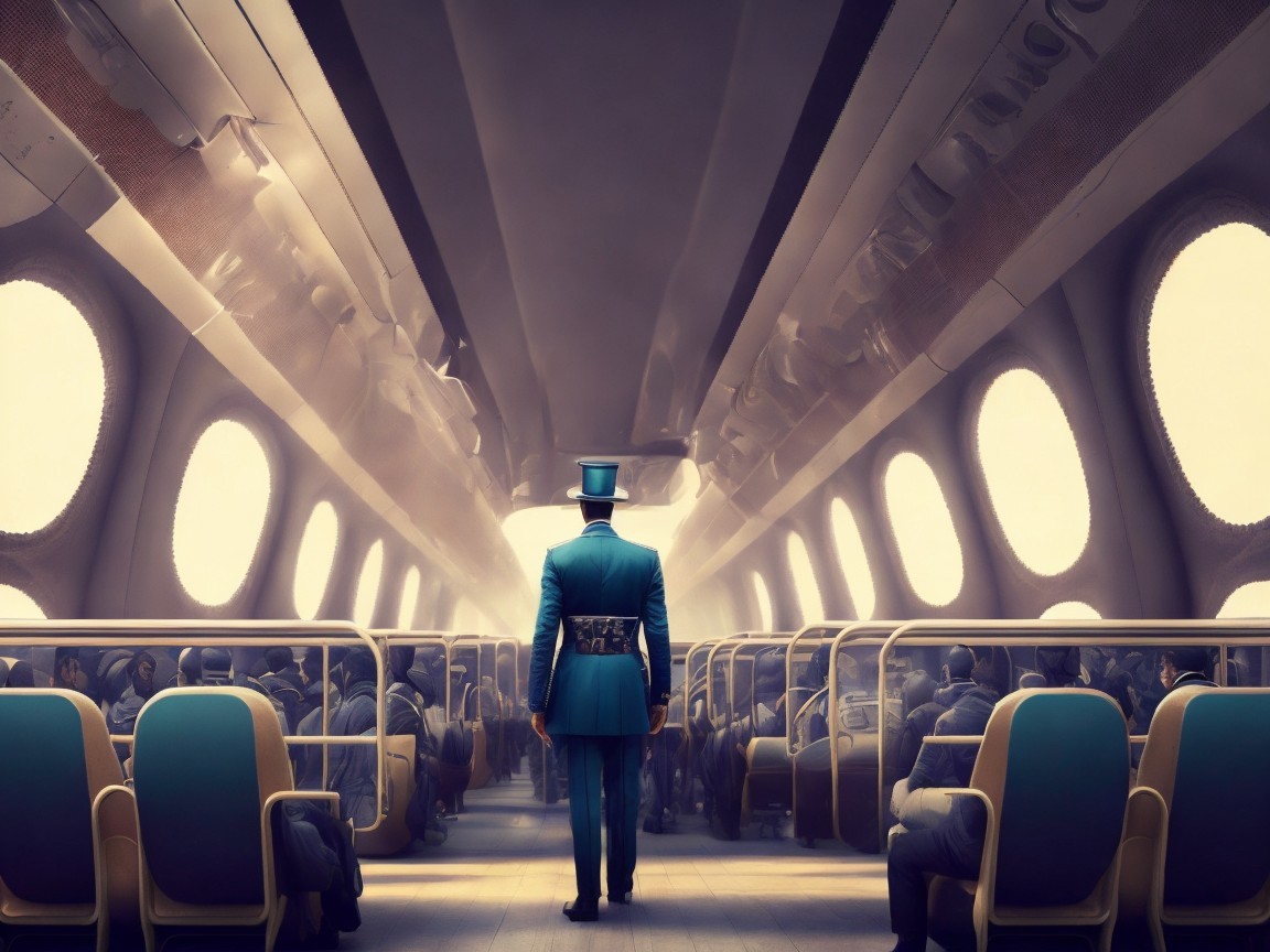 Futuristic Train Interior with Contemplative Passengers