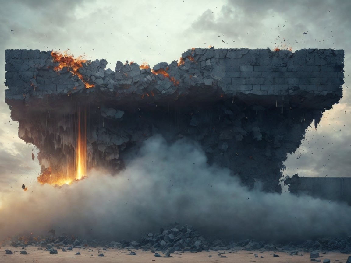 Crumbling Structure Engulfed in Flames and Smoke
