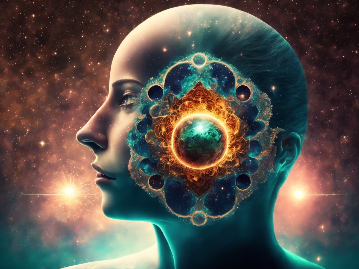 Human Profile with Cosmic Mandala and Celestial Elements