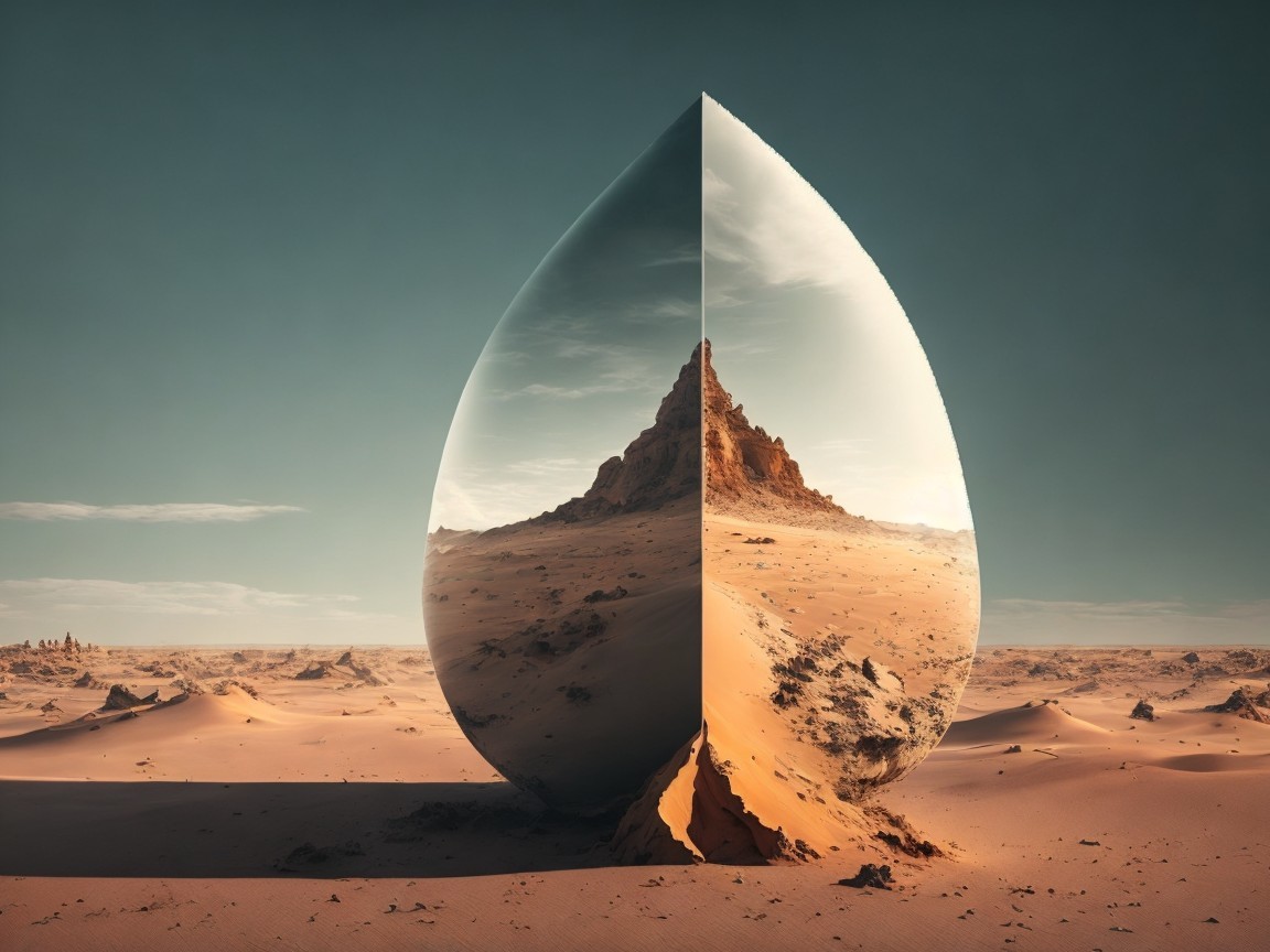Surreal Landscape with Reflective Teardrop in Desert