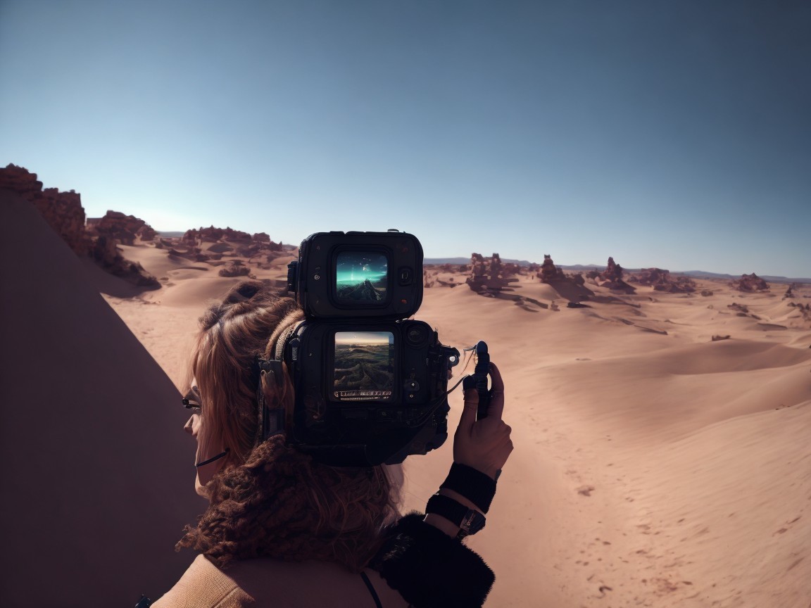 Desert Landscape with Camera and Vibrant Screen Display