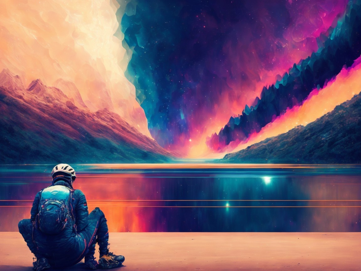 Lone Figure by Tranquil Lake Under Cosmic Sky