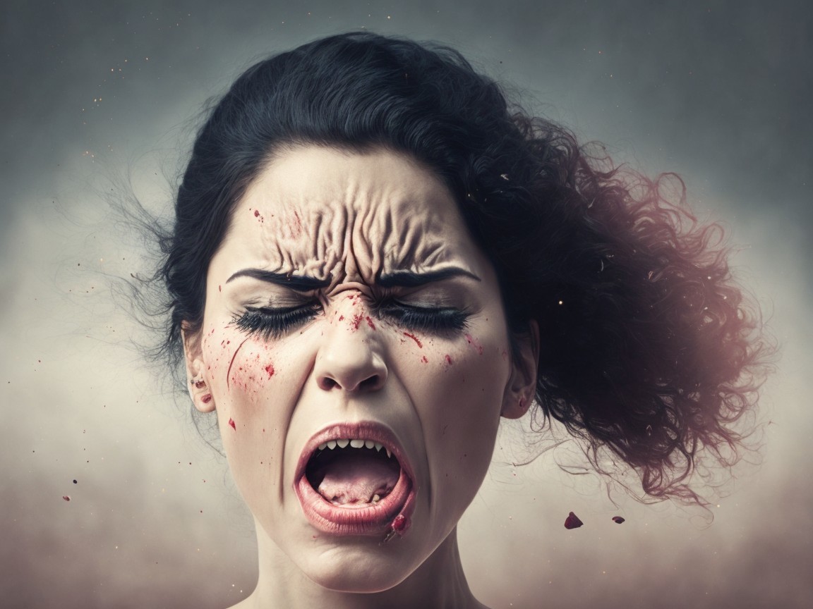 Woman with intense expression and dramatic background