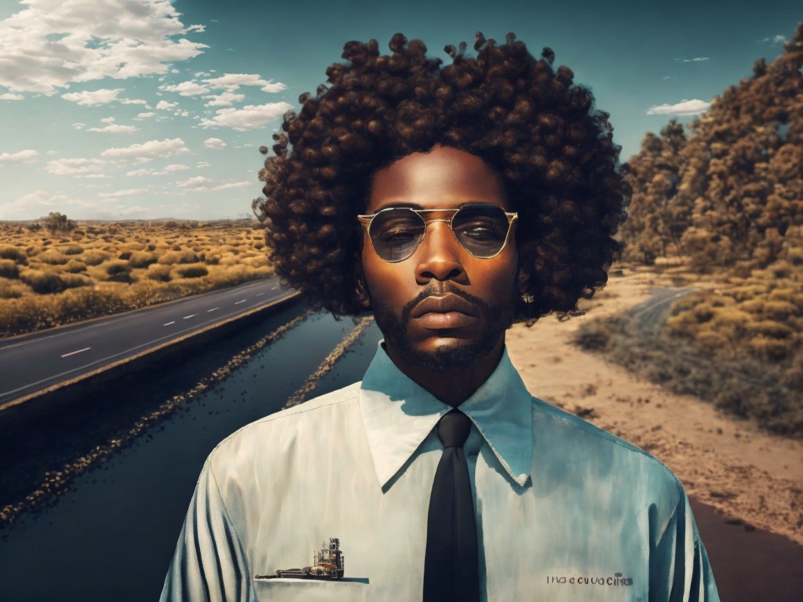 Man in Afro and Sunglasses on Empty Road Landscape