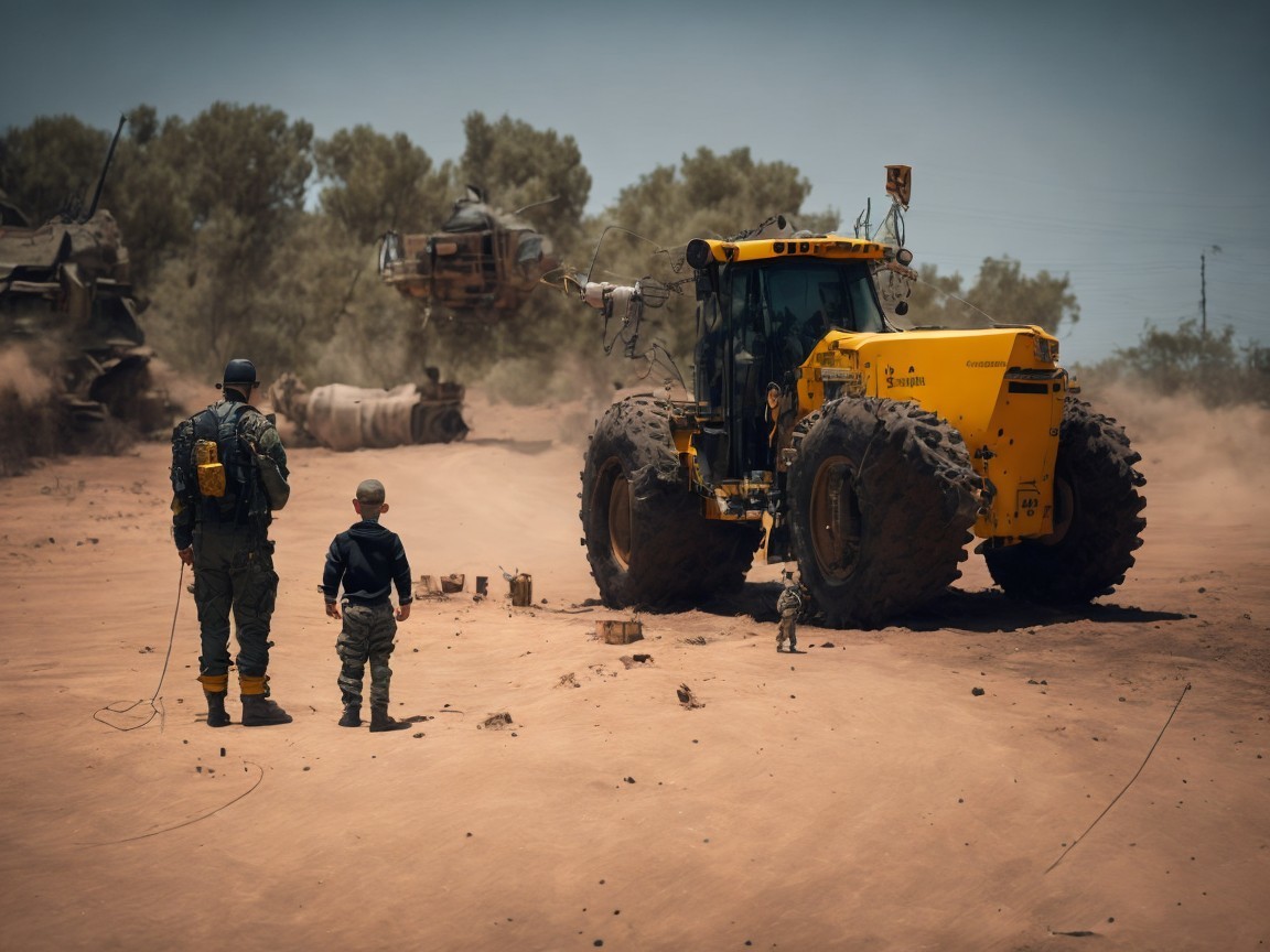 Soldier and Child Observe Bulldozer in Dusty Terrain