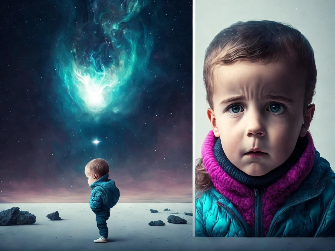 Child in Cosmic Landscape with Nebula and Worried Expression