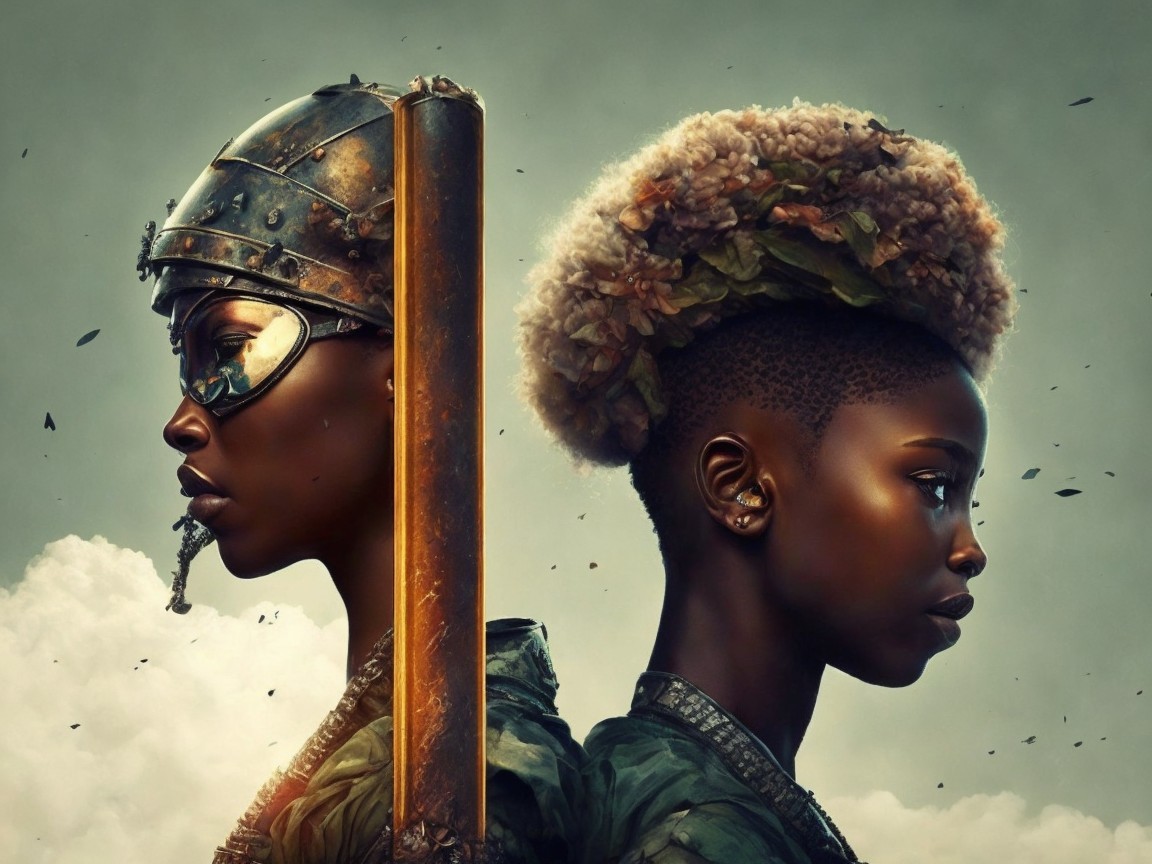 Powerful Figures in Armor Against Stormy Background