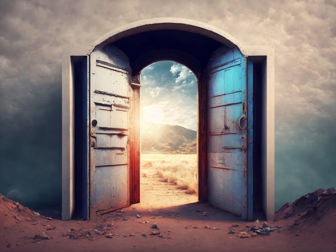 Ancient Double Door in a Desolate Landscape Scene
