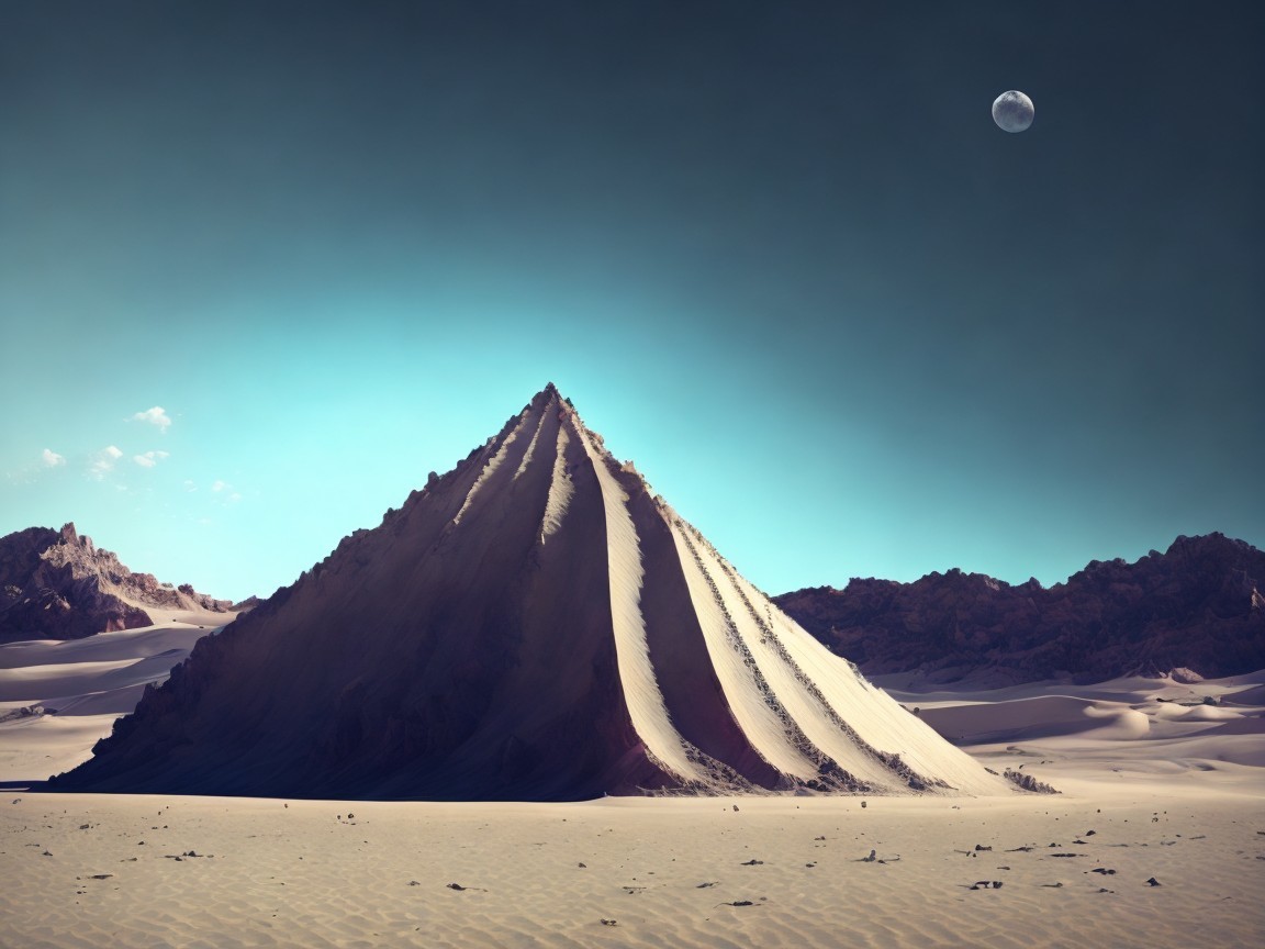 Desert Landscape with Pyramid-Shaped Sand Dune and Moon
