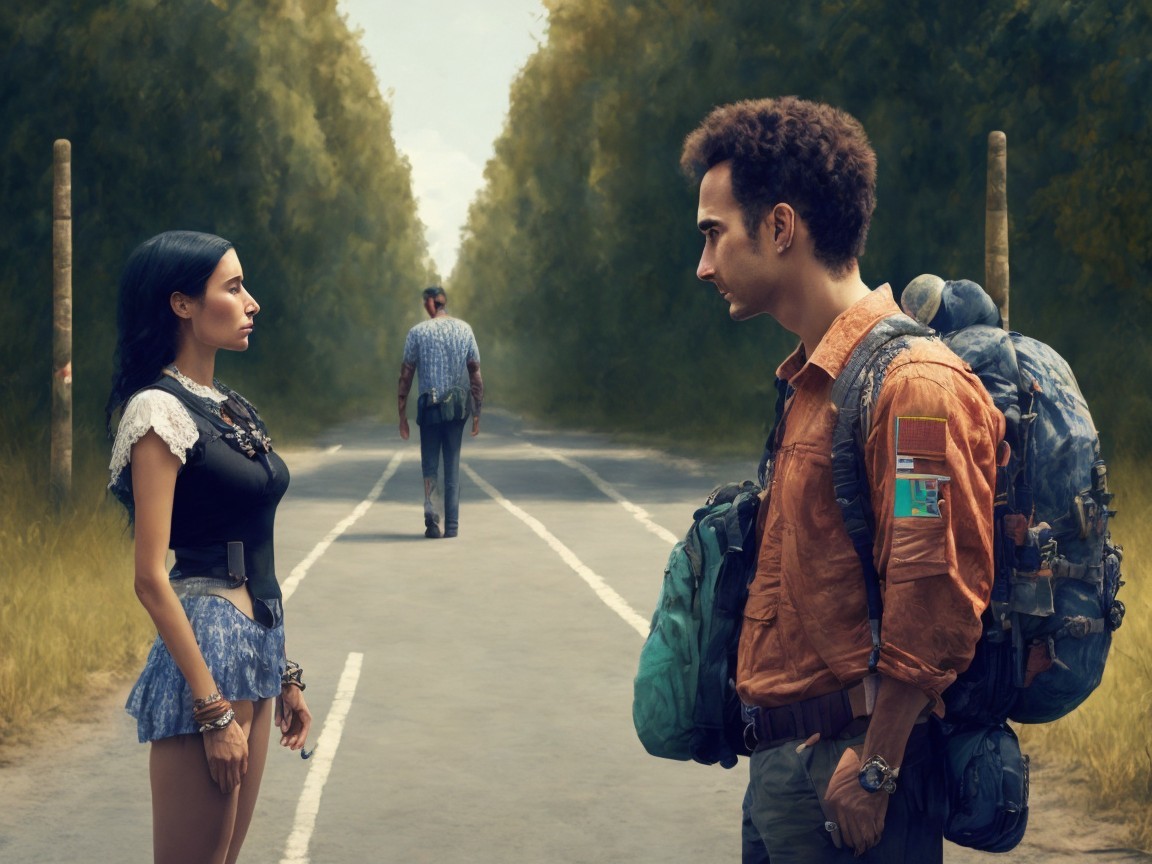 Travelers in a Tranquil Setting on a Deserted Road