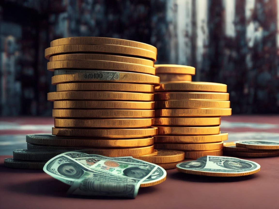 Stack of Golden Coins and Scattered Dollar Bills