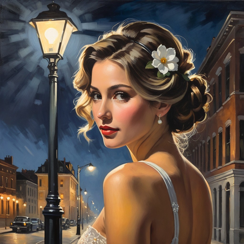 Young woman in strapless gown under vintage streetlight