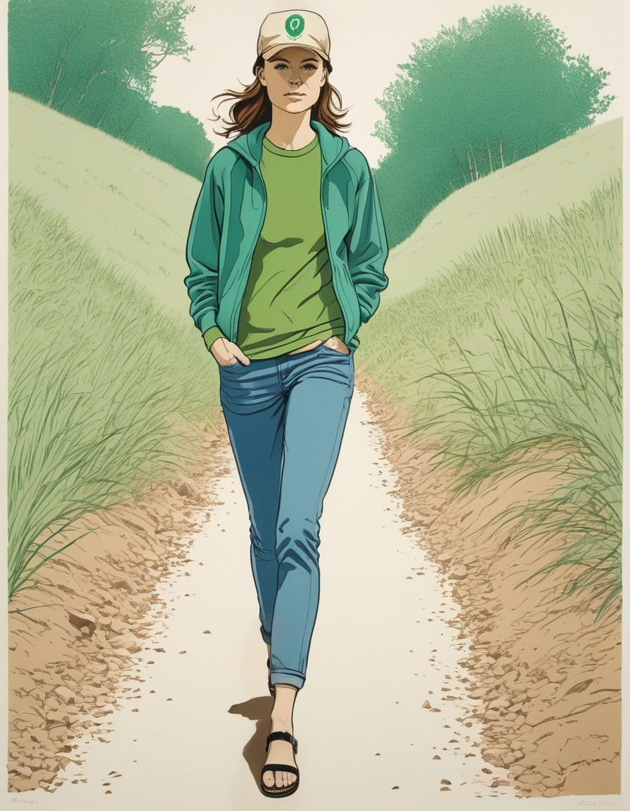 Young Woman Walking on a Serene Green Path