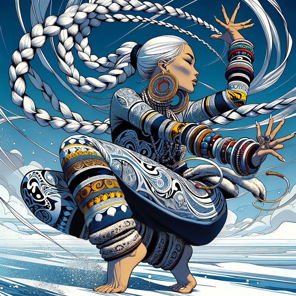 Graceful figure with tattoos and vibrant attire