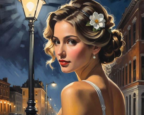 Young woman in strapless gown under vintage streetlight