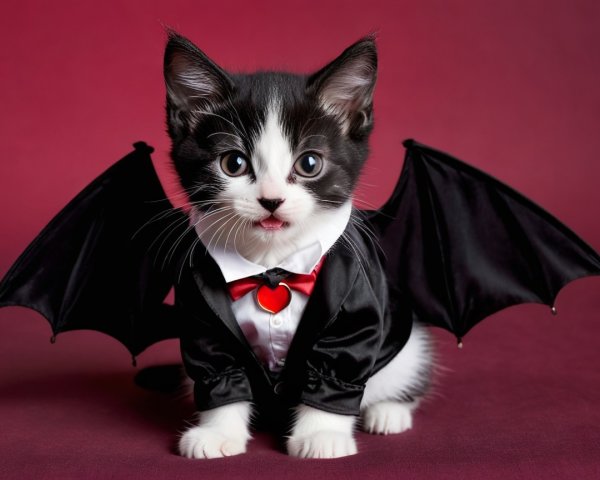 Black and White Kitten in Vampire Costume with Cape