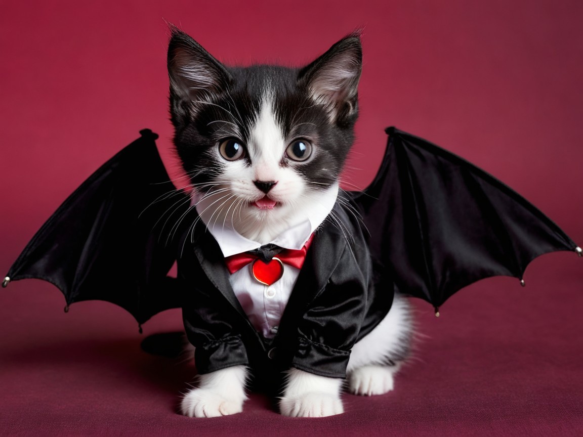 Black and White Kitten in Vampire Costume with Cape