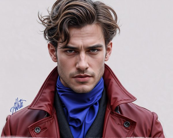 Portrait of a Young Man in Burgundy Coat and Blue Scarf