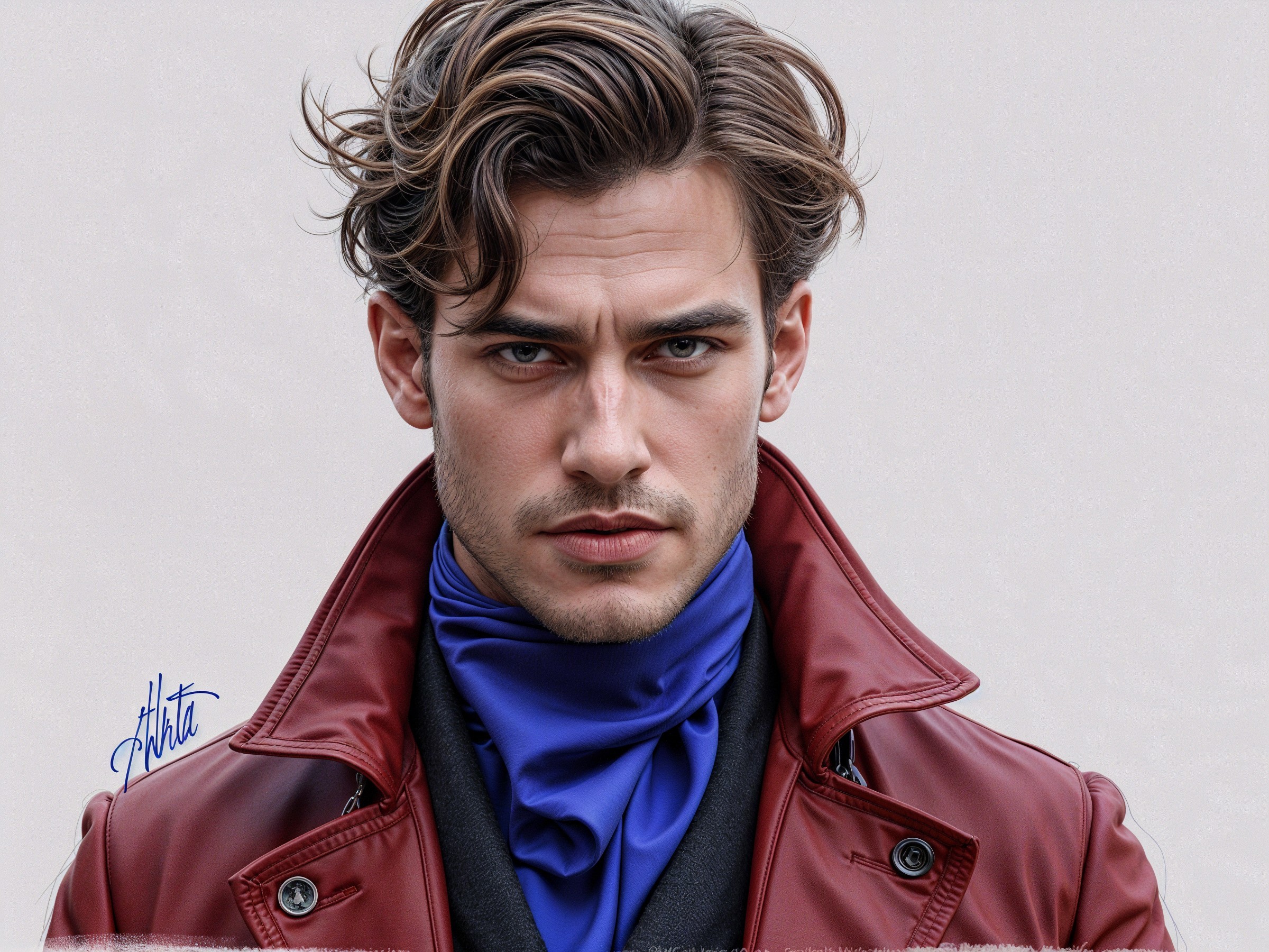 Portrait of a Young Man in Burgundy Coat and Blue Scarf