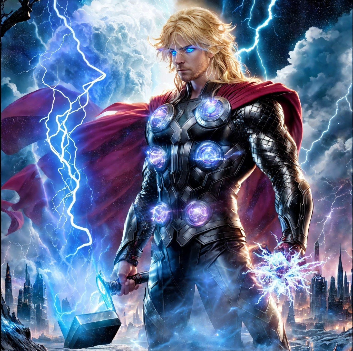 Blond Superhero in Armored Suit with Hammer and Lightning