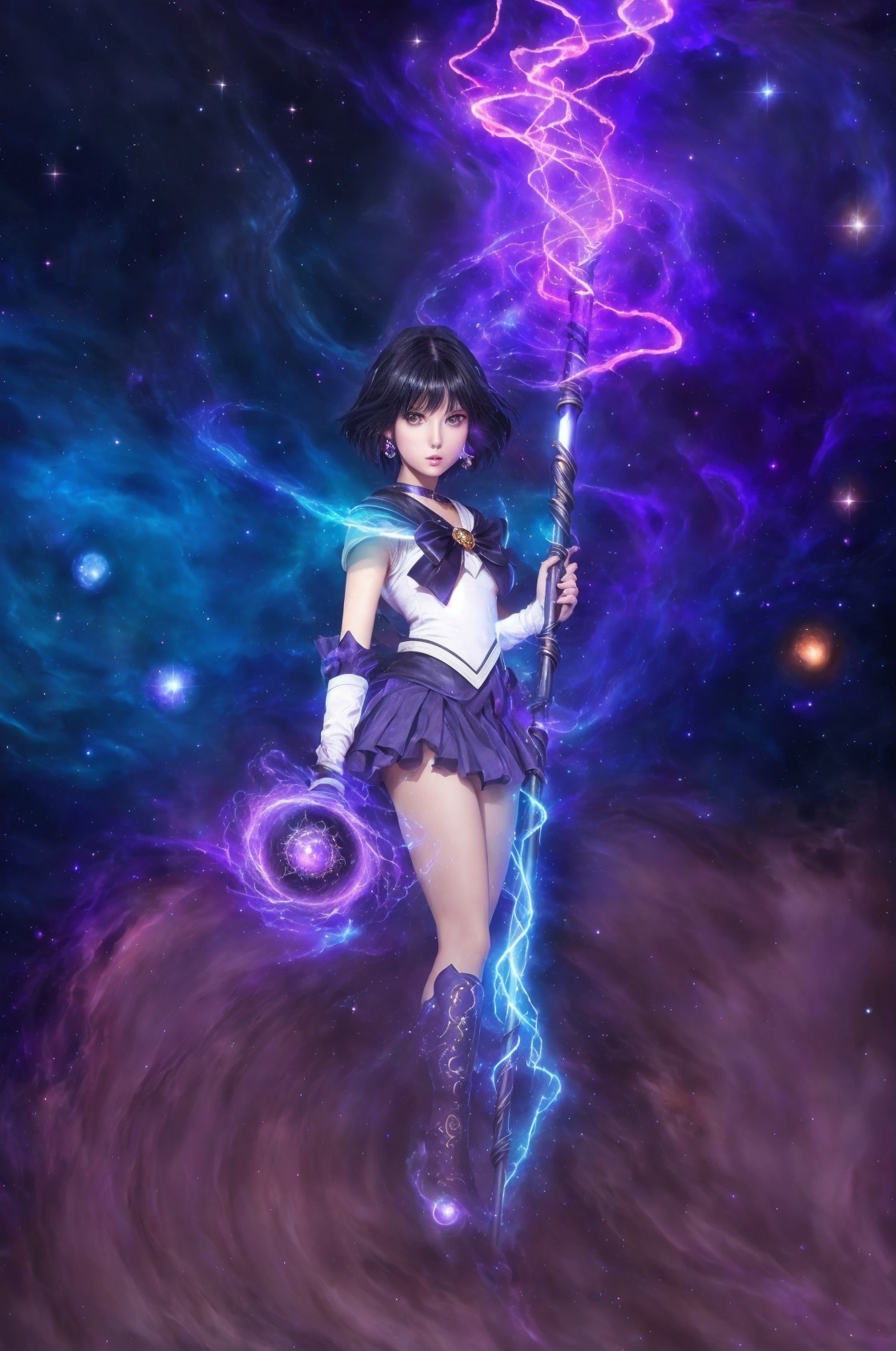 Sailor-style figure with lightning staff in cosmic setting