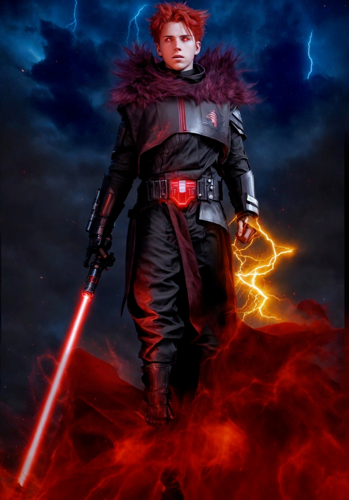 Character with red lightsaber in stormy backdrop