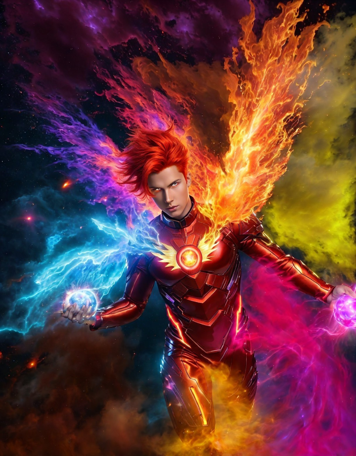Dynamic Figure with High-Tech Suit and Glowing Orbs