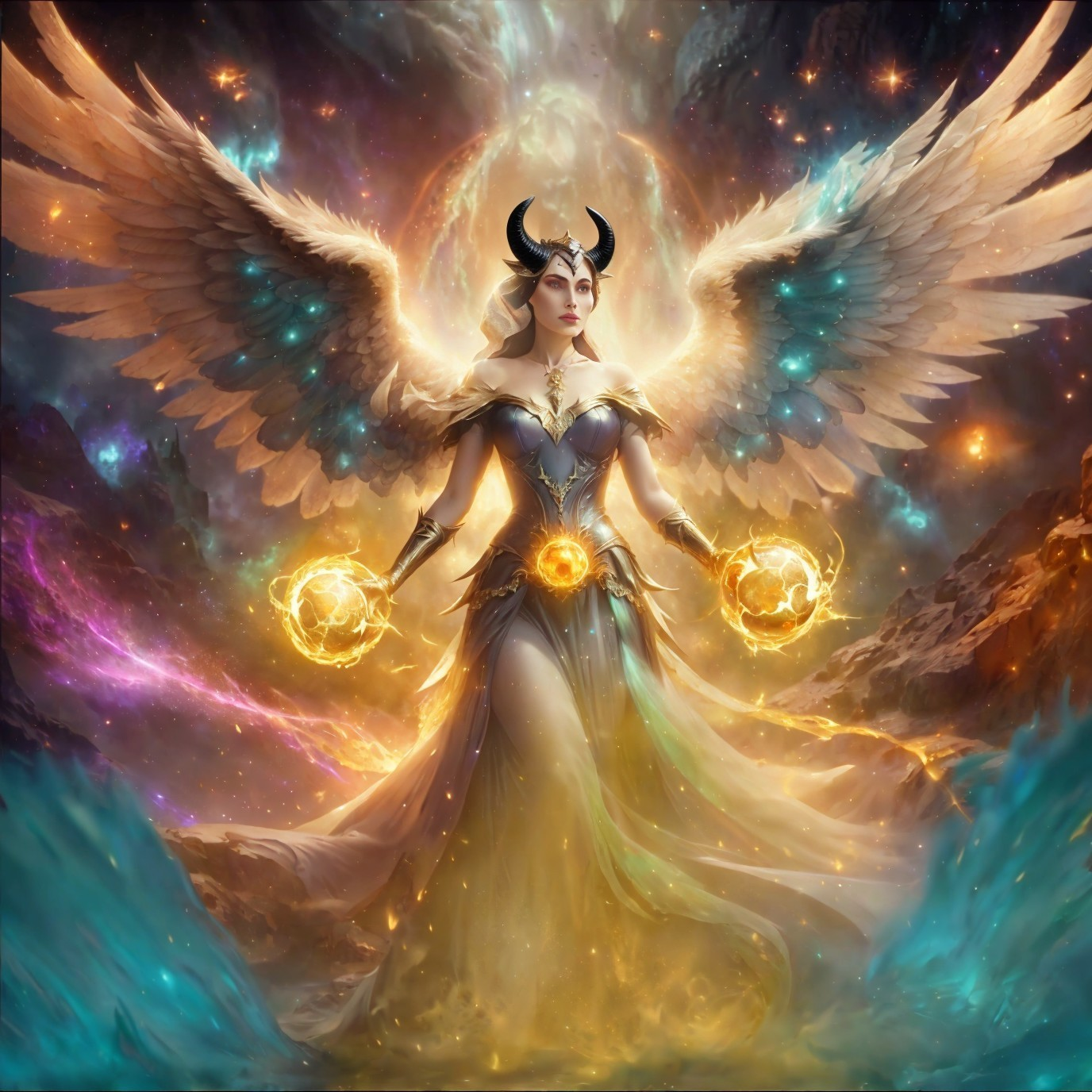 Celestial Figure with Wings in Cosmic Landscape