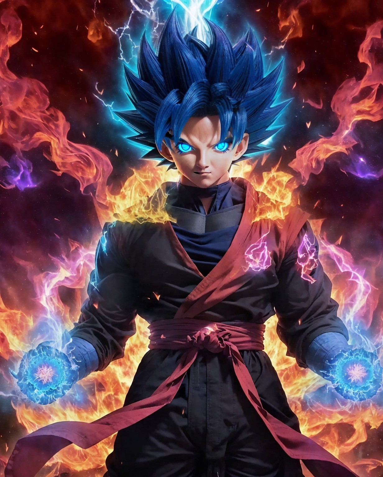 Anime Character with Blue Hair and Energy Orbs